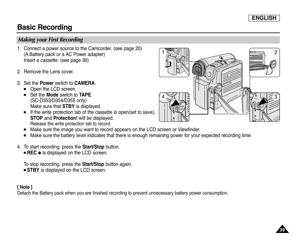 Making your first recording, Basic recording | Samsung SC-D353-XAP User Manual | Page 43 / 128