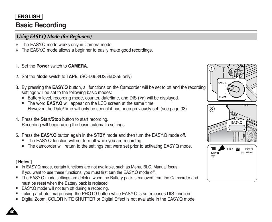 Using easyq mode (for beginners), Basic recording, Using easy.q mode (for beginners) | Samsung SC-D353-XAP User Manual | Page 44 / 128