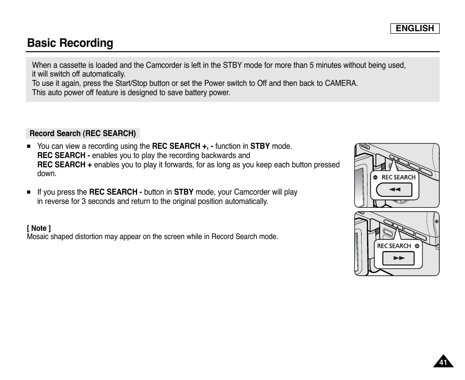 Record search (rec search), Basic recording | Samsung SC-D353-XAP User Manual | Page 45 / 128