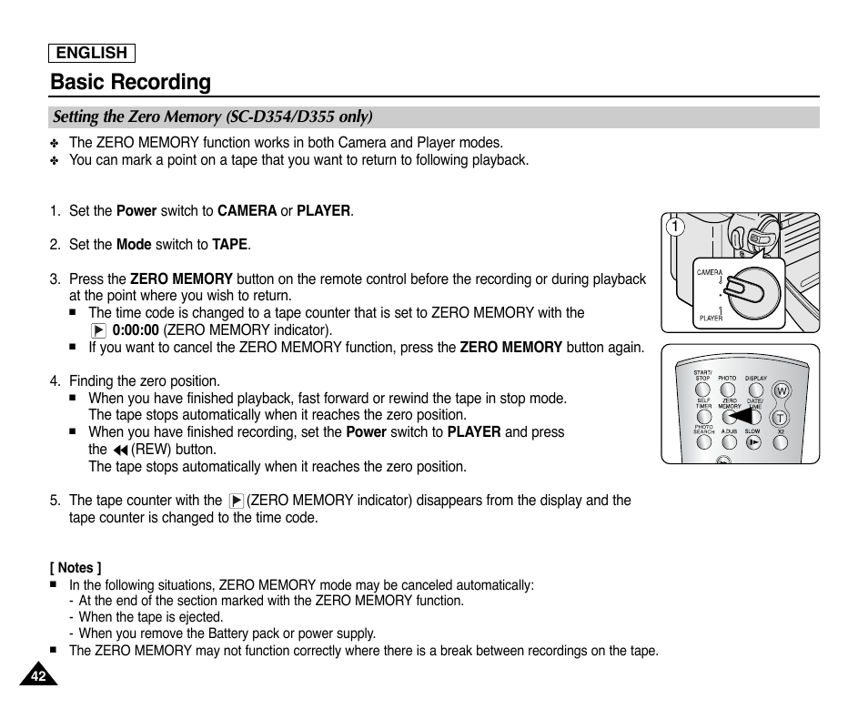 Setting the zero memory (sc-d354/d355 only), Basic recording | Samsung SC-D353-XAP User Manual | Page 46 / 128