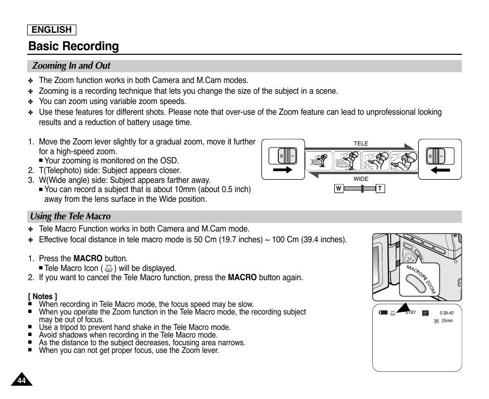 Zooming in and out, Using the tele macro, Basic recording | Zooming in and out using the tele macro | Samsung SC-D353-XAP User Manual | Page 48 / 128