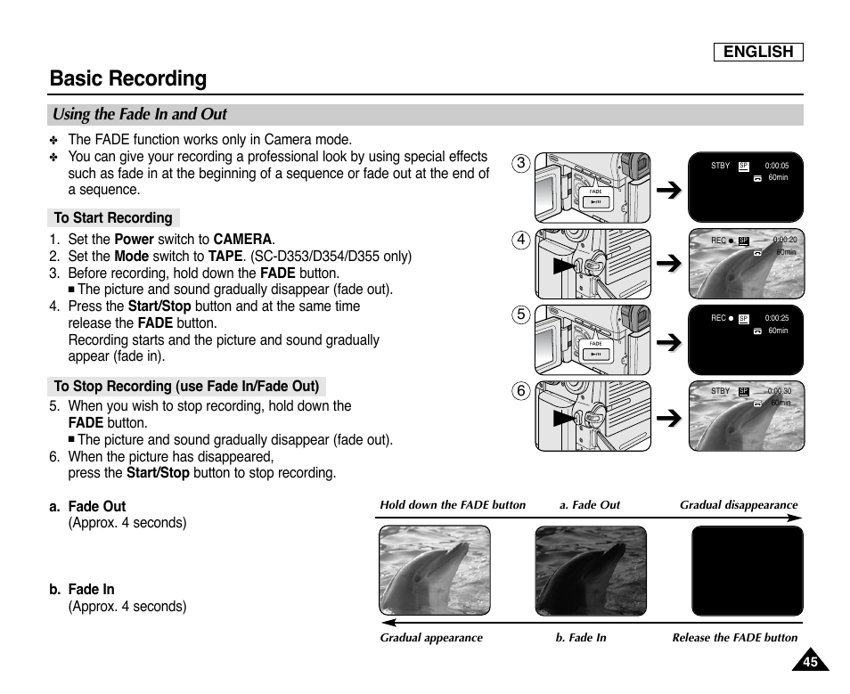 Using the fade in and out, To start recording, To stop recording (use fade in/fade out) | Basic recording | Samsung SC-D353-XAP User Manual | Page 49 / 128