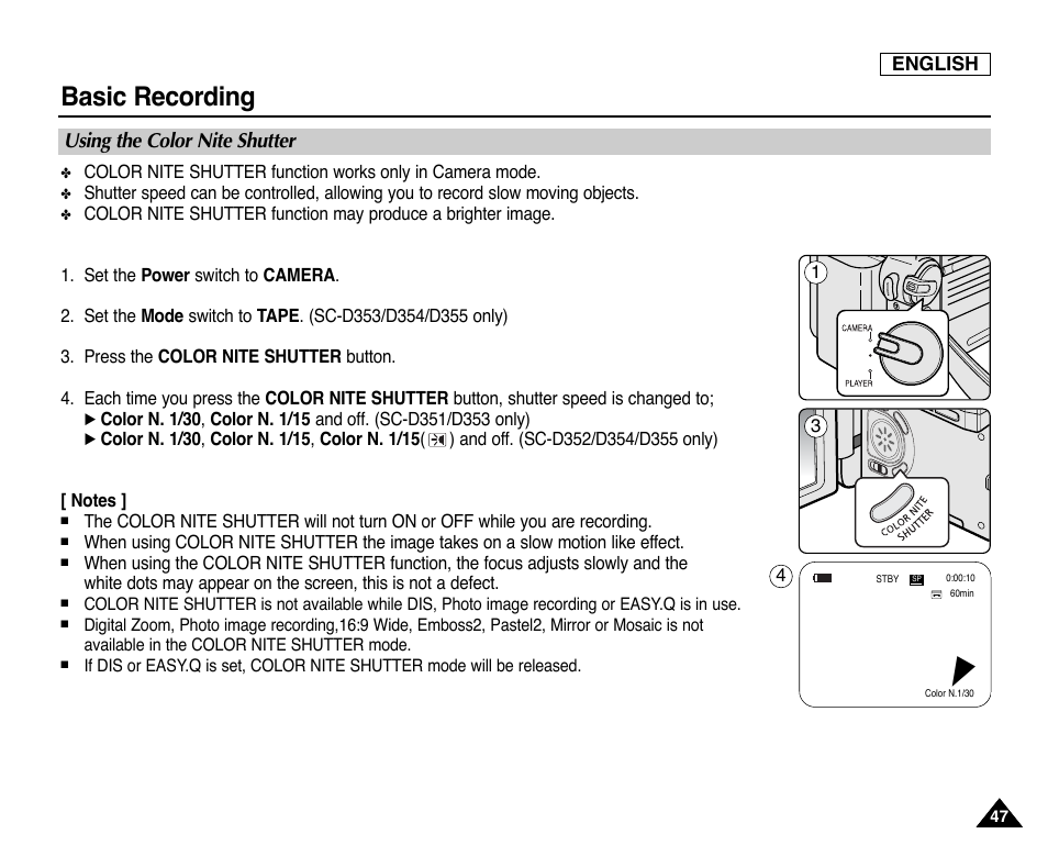 Using the color nite shutter, Basic recording | Samsung SC-D353-XAP User Manual | Page 51 / 128