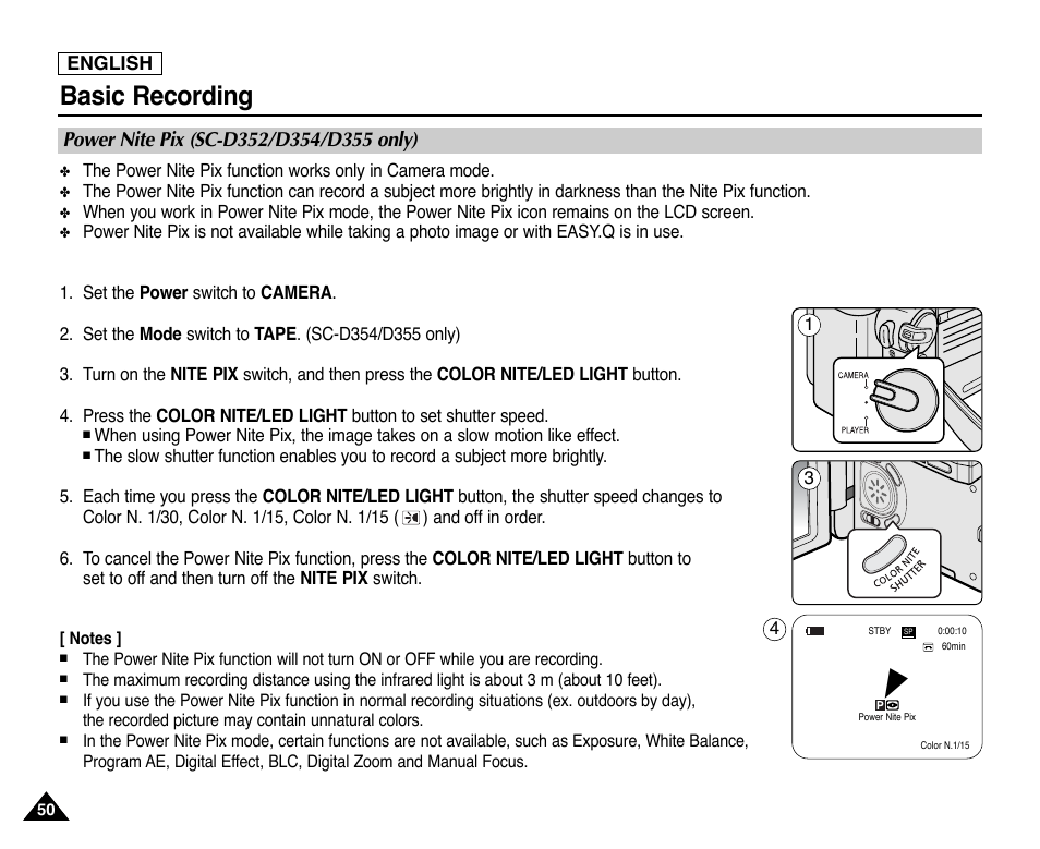 Power nite pix (sc-d352/d354/d355 only), Basic recording | Samsung SC-D353-XAP User Manual | Page 54 / 128