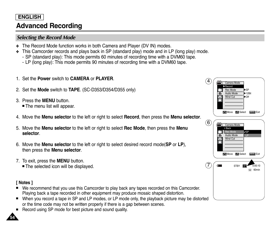 Selecting the record mode, Advanced recording, English | Samsung SC-D353-XAP User Manual | Page 58 / 128