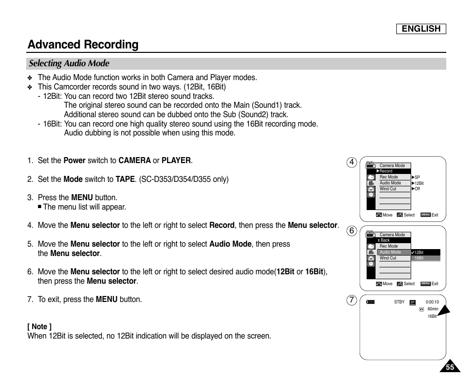 Selecting audio mode, Advanced recording, English | Samsung SC-D353-XAP User Manual | Page 59 / 128