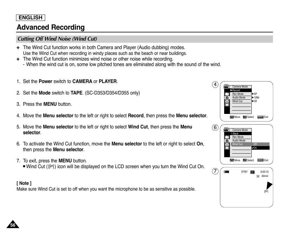 Cutting off wind noise (wind cut), Advanced recording, English | Samsung SC-D353-XAP User Manual | Page 60 / 128