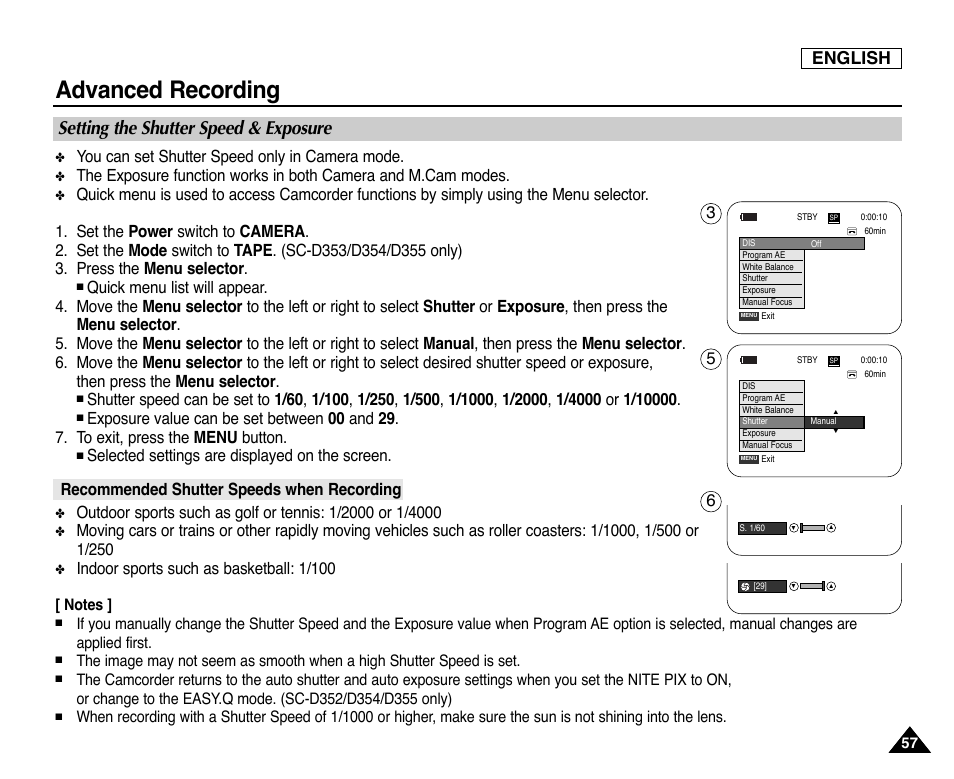 Setting the shutter speed & exposure, Recommended shutter speeds when recording, Advanced recording | English, You can set shutter speed only in camera mode, Selected settings are displayed on the screen, Indoor sports such as basketball: 1/100 | Samsung SC-D353-XAP User Manual | Page 61 / 128