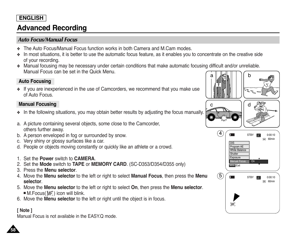 Auto focus/manual focus, Auto focusing, Manual focusing | Advanced recording, English | Samsung SC-D353-XAP User Manual | Page 62 / 128