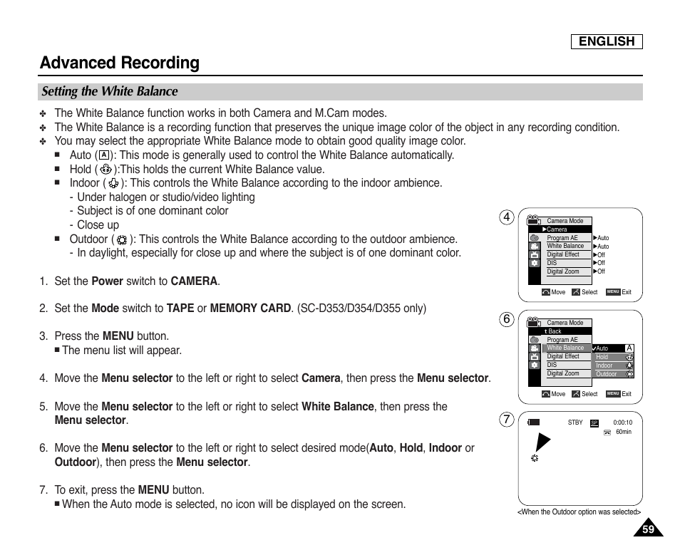 Setting the white balance, Advanced recording, English | Samsung SC-D353-XAP User Manual | Page 63 / 128