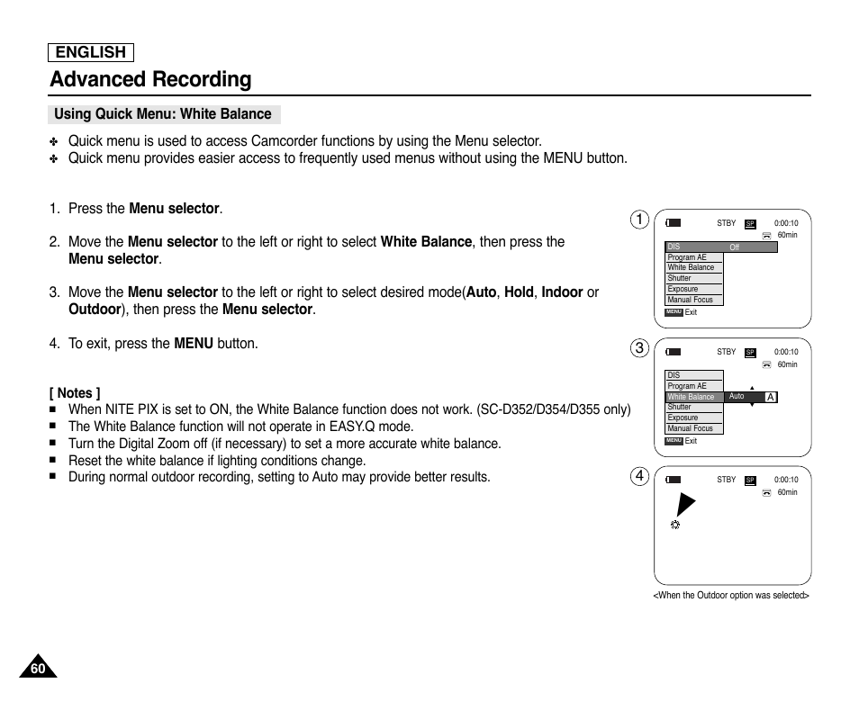 Using quick menu: white balance, Advanced recording, English | Samsung SC-D353-XAP User Manual | Page 64 / 128