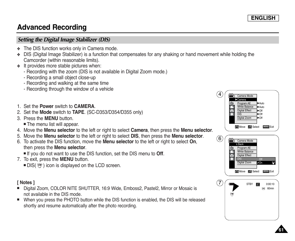 Setting the digital image stabilizer (dis), Advanced recording, English | The dis function works only in camera mode, Dis( ) icon is displayed on the lcd screen | Samsung SC-D353-XAP User Manual | Page 65 / 128