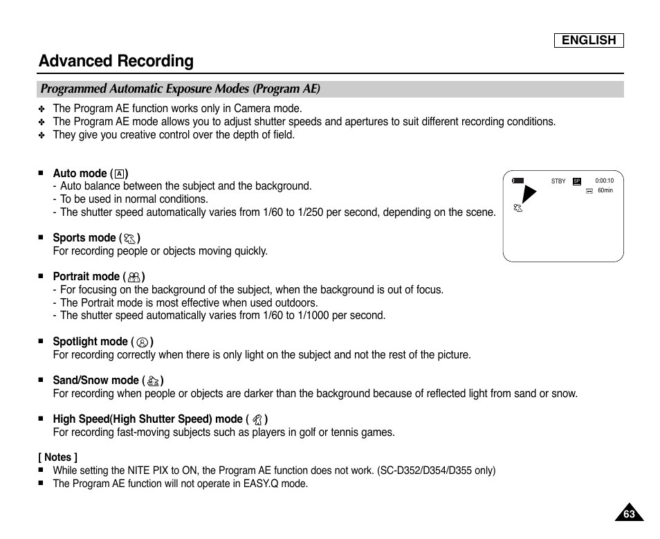 Programmed automatic exposure modes (program ae), Advanced recording | Samsung SC-D353-XAP User Manual | Page 67 / 128