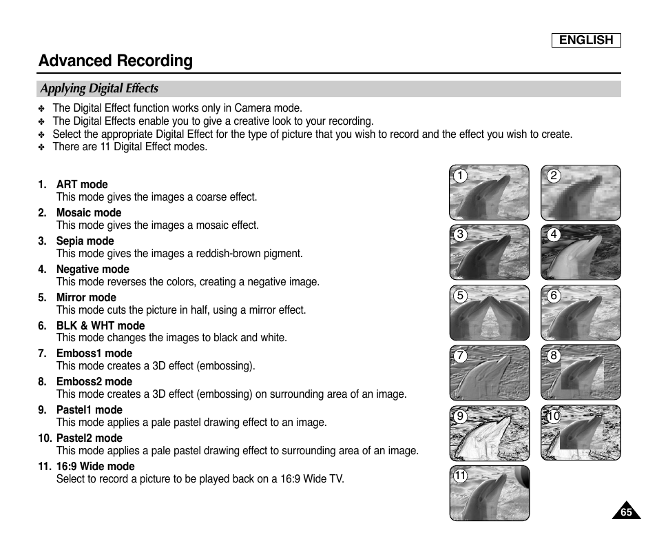 Applying digital effects, Advanced recording | Samsung SC-D353-XAP User Manual | Page 69 / 128
