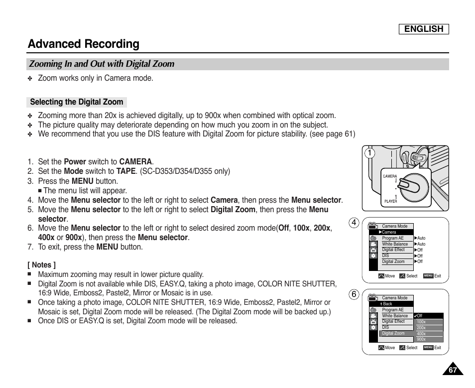 Zooming in and out with digital zoom, Setting the digital zoom, Advanced recording | English | Samsung SC-D353-XAP User Manual | Page 71 / 128