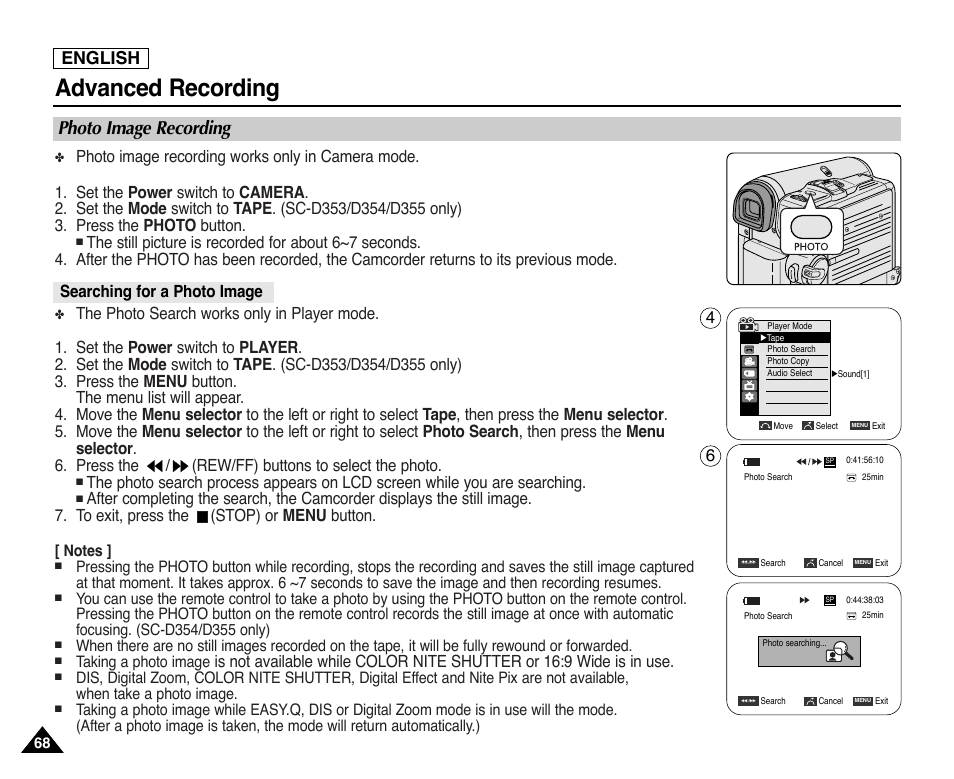 Photo image recording, Searching for a photo image, Advanced recording | English, Taking a photo image | Samsung SC-D353-XAP User Manual | Page 72 / 128