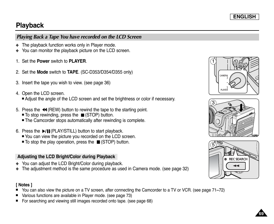 Playback, Adjusting the lcd bright/color during playback | Samsung SC-D353-XAP User Manual | Page 73 / 128