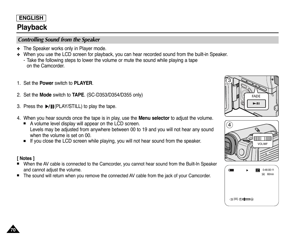 Controlling sound from the speaker, Playback, English | Samsung SC-D353-XAP User Manual | Page 74 / 128