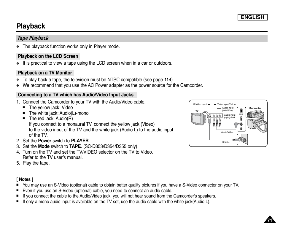 Tape playback, Playback on the lcd screen, Playback on a tv monitor | Playback, English | Samsung SC-D353-XAP User Manual | Page 75 / 128