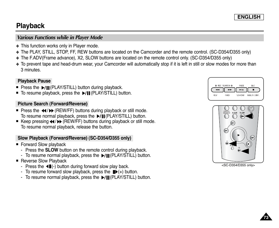 Various functions while in player mode, Playback pause, Picture search (forward/reverse) | Playback | Samsung SC-D353-XAP User Manual | Page 77 / 128