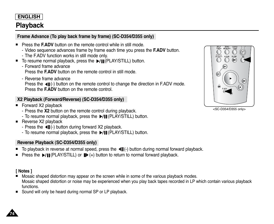X2 playback (forward/reverse) (sc-d354/d355 only), Reverse playback (sc-d354/d355 only), Playback | Samsung SC-D353-XAP User Manual | Page 78 / 128