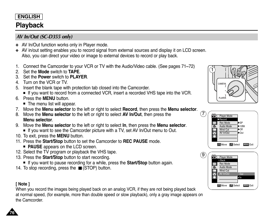 Av in/out (sc-d355 only), Playback, English | Samsung SC-D353-XAP User Manual | Page 80 / 128