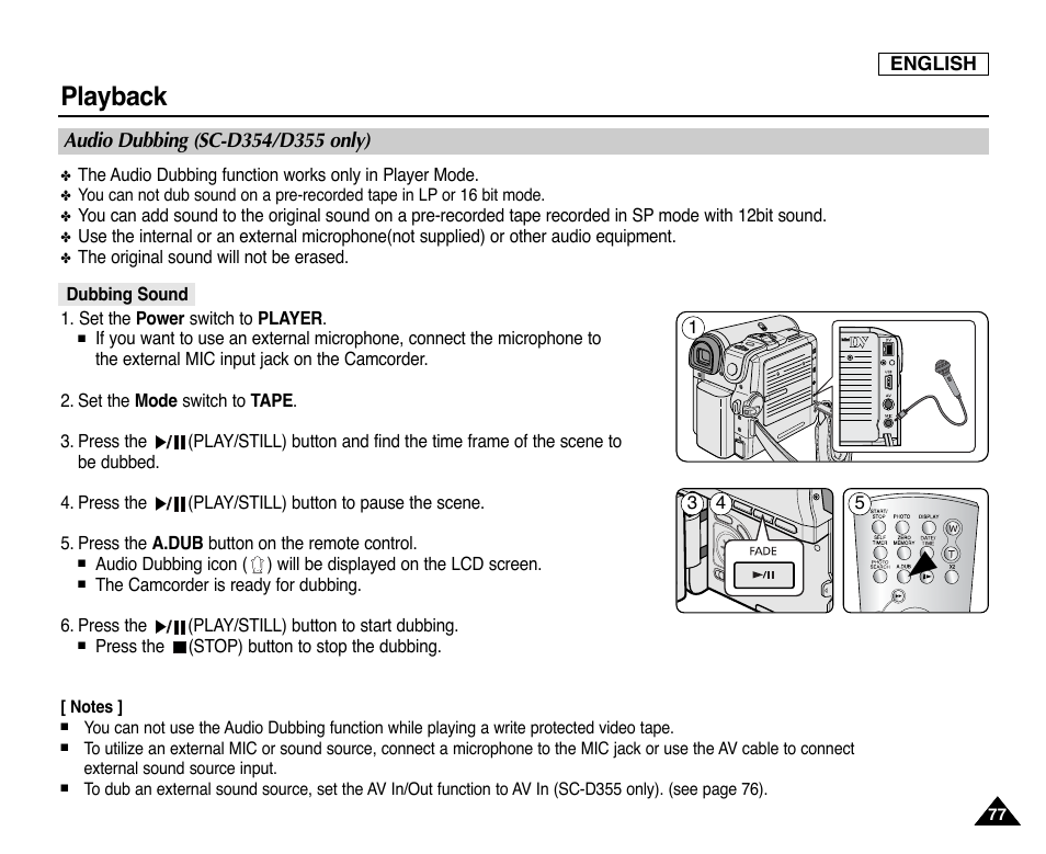 Audio dubbing (sc-d354/d355 only), Dubbing sound, Playback | Samsung SC-D353-XAP User Manual | Page 81 / 128
