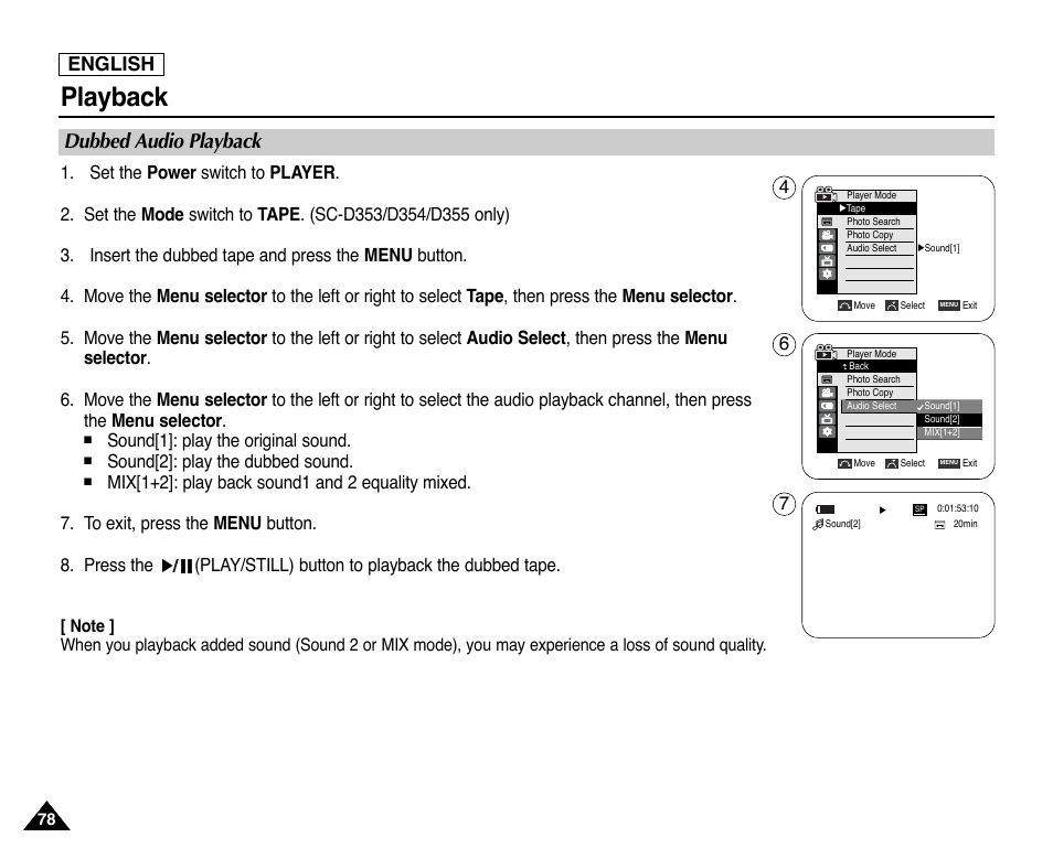 Dubbed audio playback, Playback, English | Sound[1]: play the original sound, Sound[2]: play the dubbed sound | Samsung SC-D353-XAP User Manual | Page 82 / 128