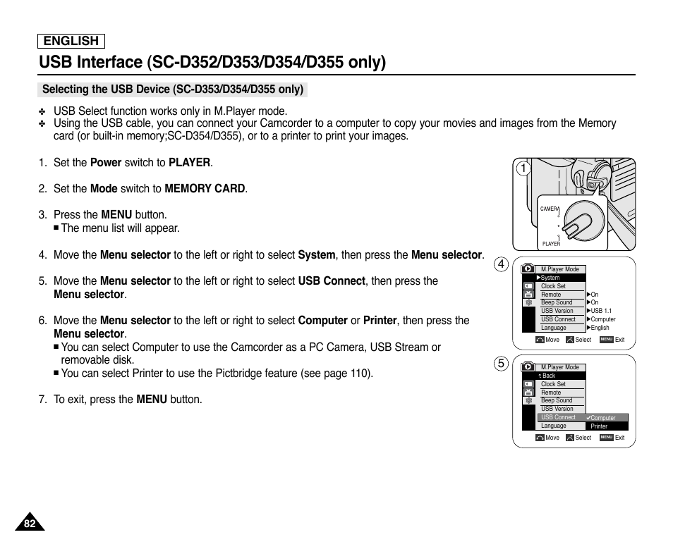 English, Usb select function works only in m.player mode | Samsung SC-D353-XAP User Manual | Page 86 / 128