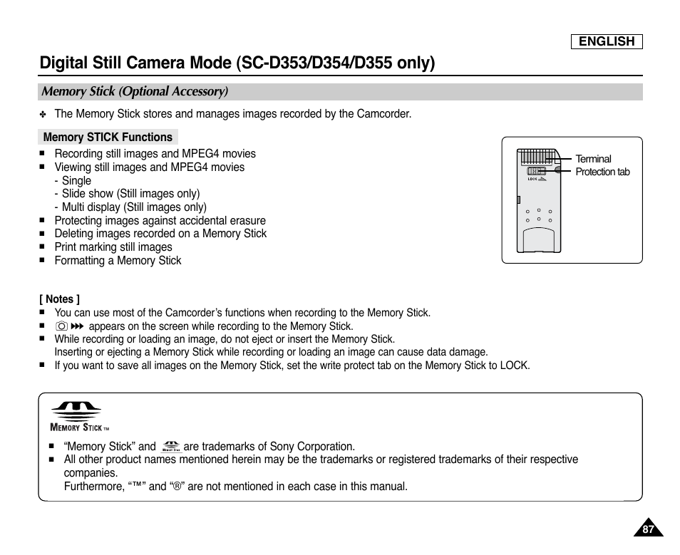 Digital still camera mode (sc-d353/d354/d355 only), Memory stick (optional accessory), Memory stick functions | English | Samsung SC-D353-XAP User Manual | Page 91 / 128