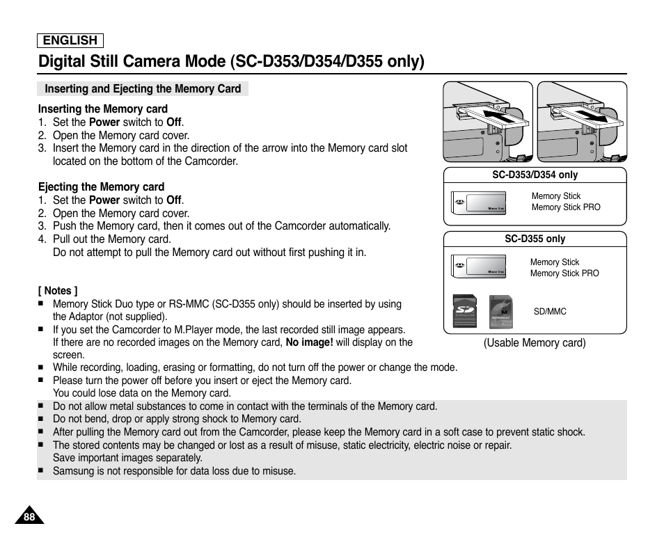 Inserting and ejecting the memory card | Samsung SC-D353-XAP User Manual | Page 92 / 128