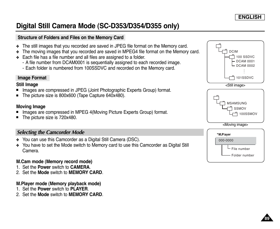 Structure of folders and files on the memory card, Image format, Selecting the camcorder mode | Samsung SC-D353-XAP User Manual | Page 93 / 128