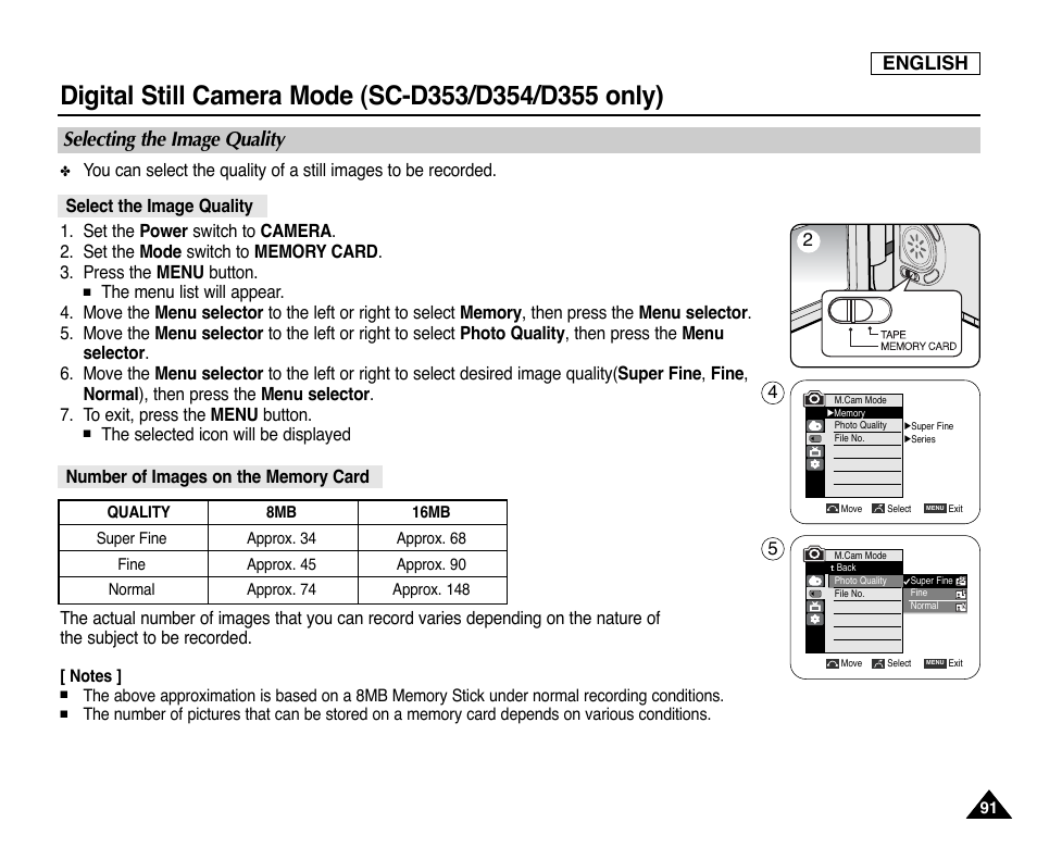 Selecting the image quality, Select the image quality, Number of images on the memory card | English | Samsung SC-D353-XAP User Manual | Page 95 / 128