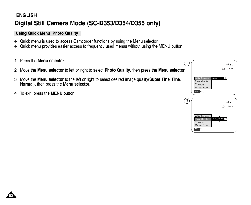 Using quick menu: photo quality, English | Samsung SC-D353-XAP User Manual | Page 96 / 128