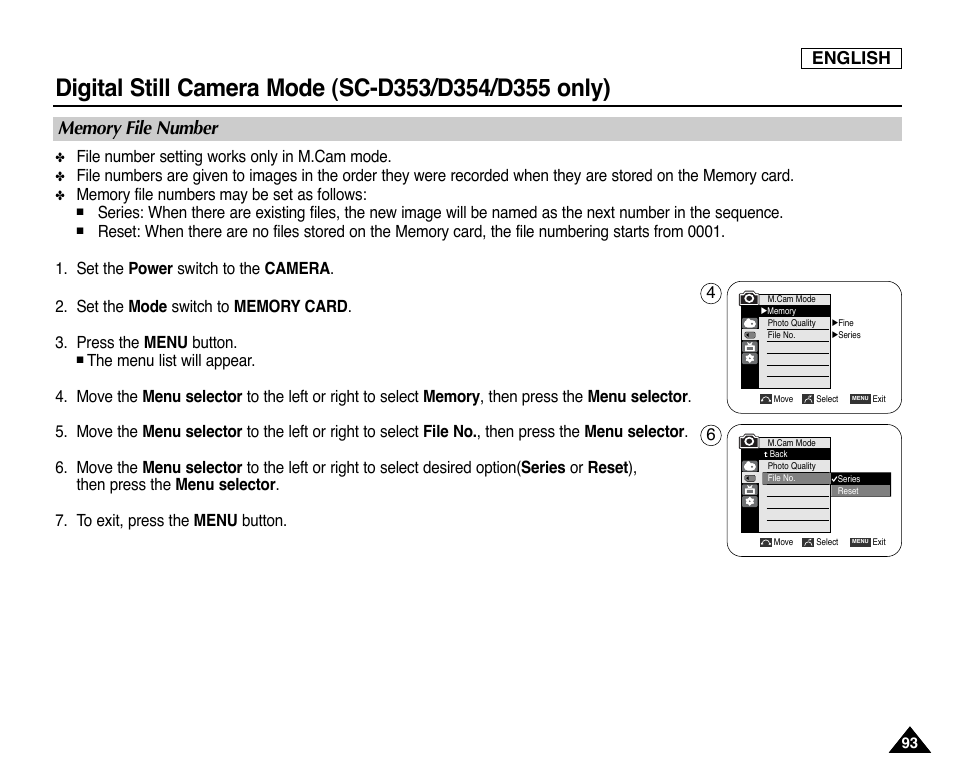 Memory file number, English | Samsung SC-D353-XAP User Manual | Page 97 / 128