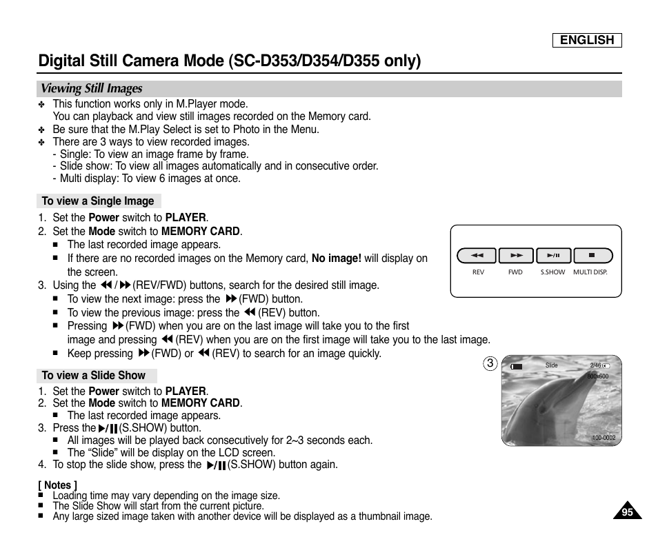 Viewing still images, To view a single image, To view a slide show | Samsung SC-D353-XAP User Manual | Page 99 / 128