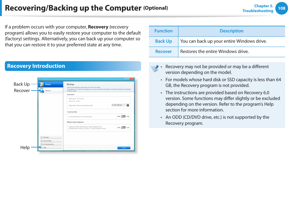 Recovering/backing up the computer (optional), Recovering/backing up the computer (optional) 108, Recovering/backing up the computer | Samsung NP530U3C-A04US User Manual | Page 109 / 154