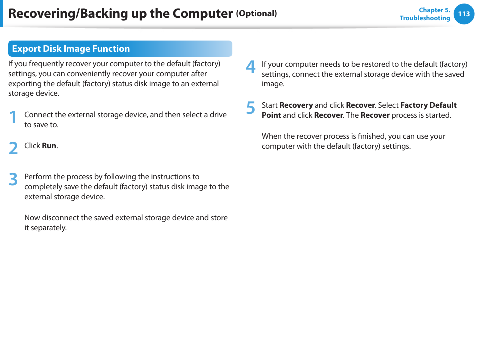 Recovering/backing up the computer | Samsung NP530U3C-A04US User Manual | Page 114 / 154