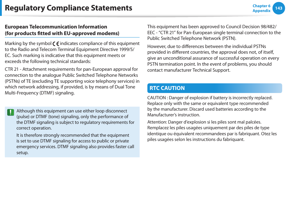 Regulatory compliance statements | Samsung NP530U3C-A04US User Manual | Page 144 / 154