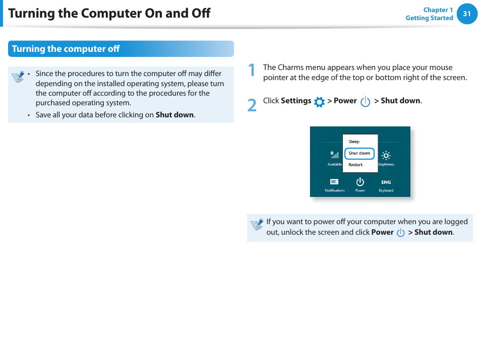 Turning the computer on and off, Turning the computer off | Samsung NP530U3C-A04US User Manual | Page 32 / 154