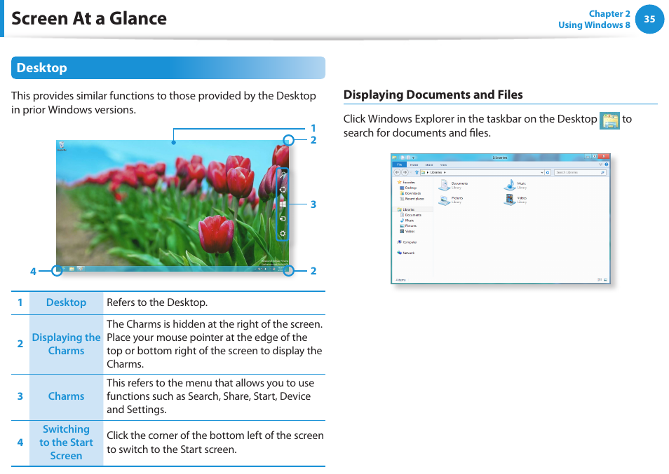 Screen at a glance, Desktop | Samsung NP530U3C-A04US User Manual | Page 36 / 154