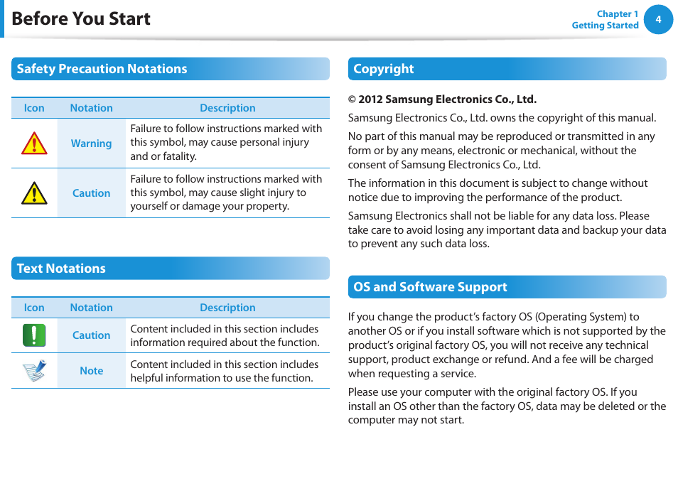 Before you start | Samsung NP530U3C-A04US User Manual | Page 5 / 154
