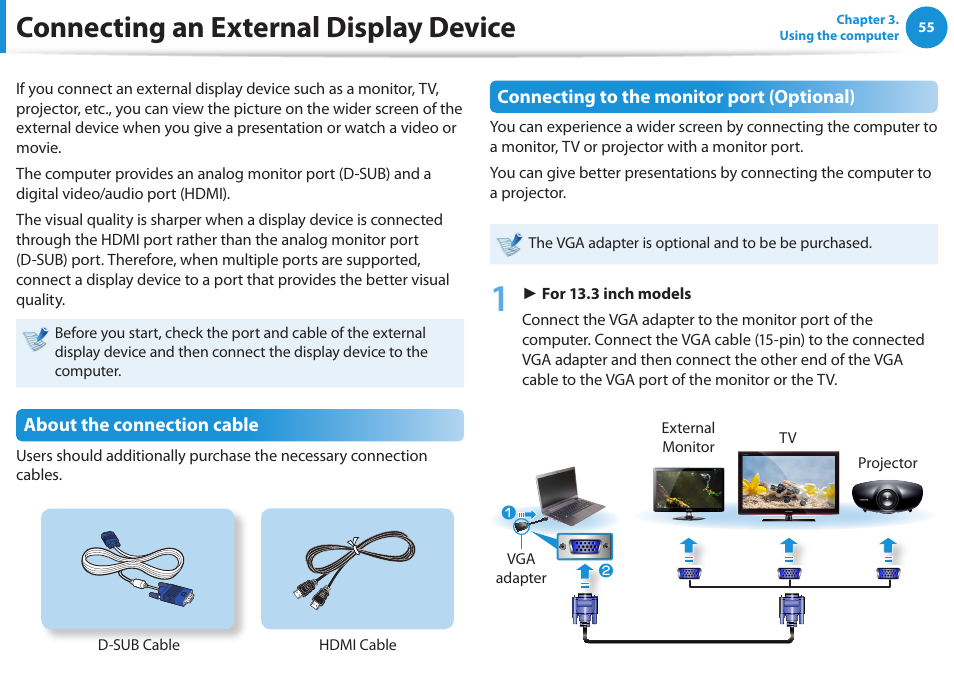 Connecting an external display device | Samsung NP530U3C-A04US User Manual | Page 56 / 154