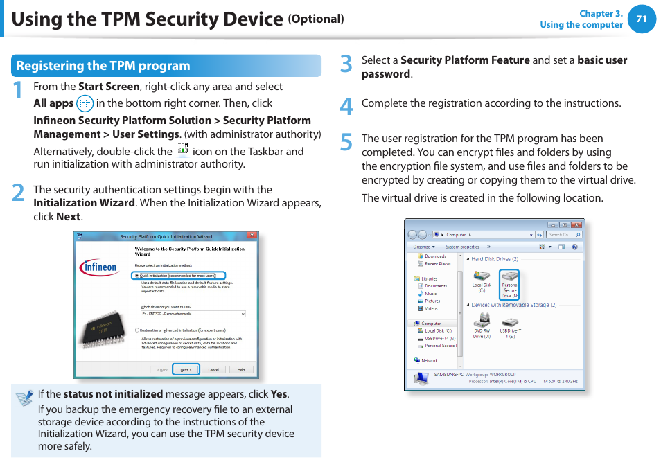 Using the tpm security device | Samsung NP530U3C-A04US User Manual | Page 72 / 154