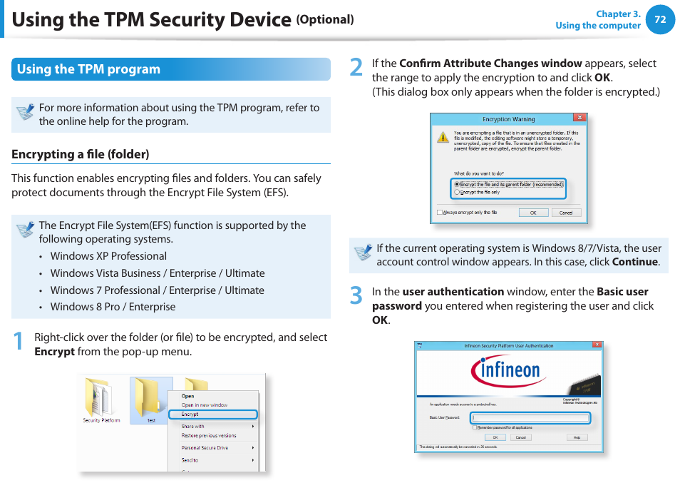Using the tpm security device | Samsung NP530U3C-A04US User Manual | Page 73 / 154