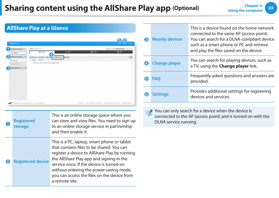 Sharing content using the allshare play app, Optional), Allshare play at a glance | Samsung NP530U3C-A04US User Manual | Page 84 / 154