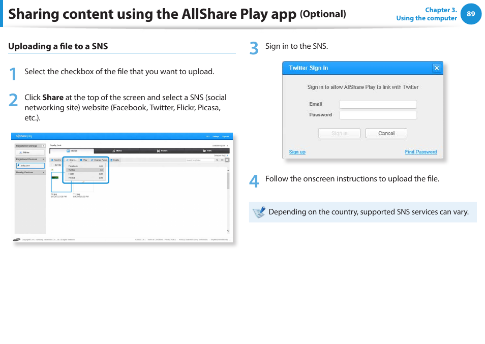 Sharing content using the allshare play app | Samsung NP530U3C-A04US User Manual | Page 90 / 154