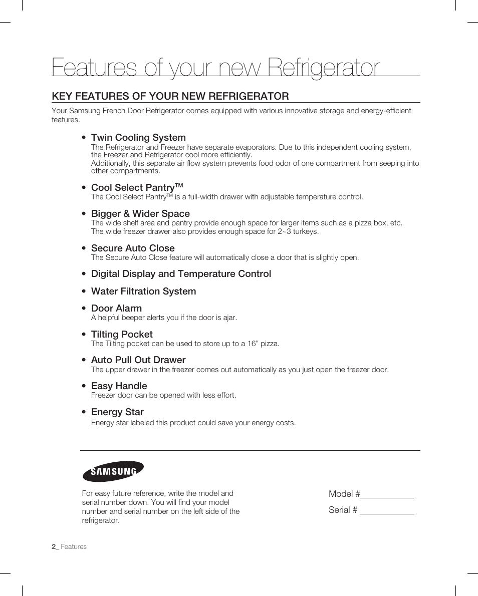 Features of your new refrigerator, Key features of your new refrigerator | Samsung RF265ABWP-XAA User Manual | Page 2 / 36