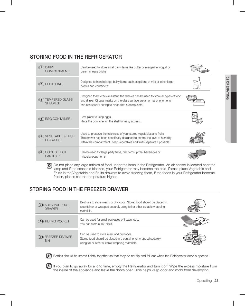 Storing food in the refrigerator, Storing food in the frezer drawer, Storing food in the freezer drawer | Samsung RF265ABWP-XAA User Manual | Page 23 / 36