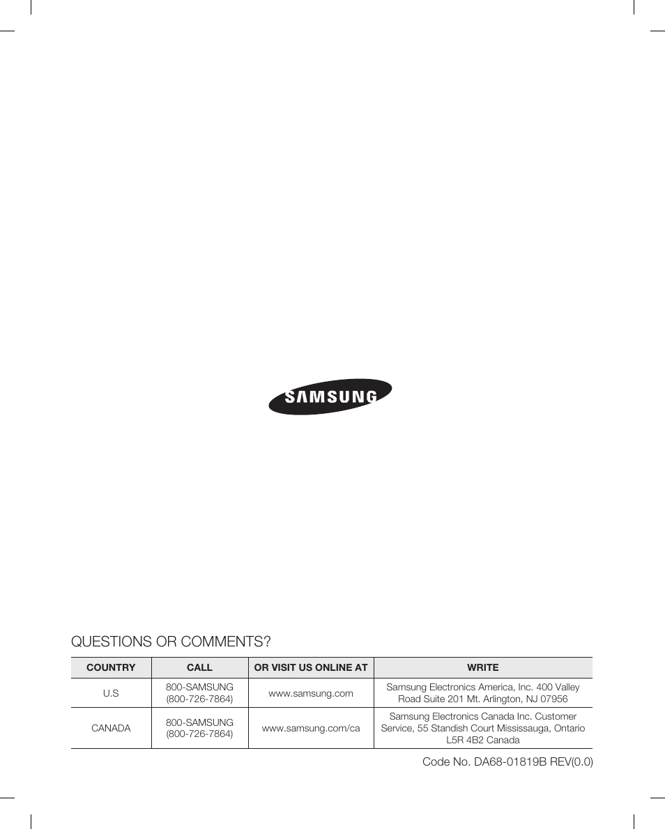 Questions or comments | Samsung RF265ABWP-XAA User Manual | Page 36 / 36